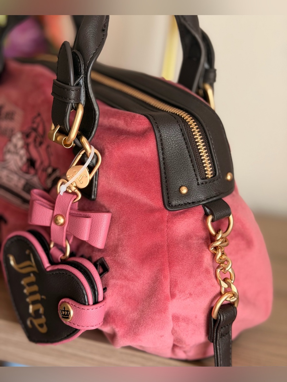 NWT JUICY COUTURE Daydreamer Scottie Dogs Velour Tote Chateau Rose/Chocolat - Picture 4 of 6